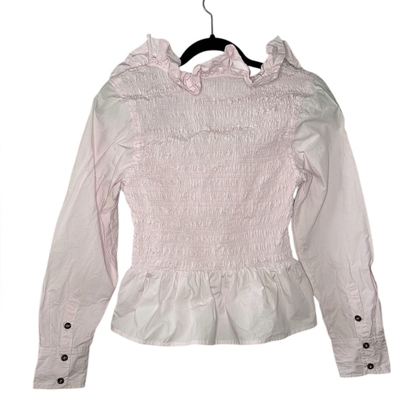 NWOT GANNI Cotton Poplin Open-neck Smocked Blouse in Lilac - Picture 7 of 10